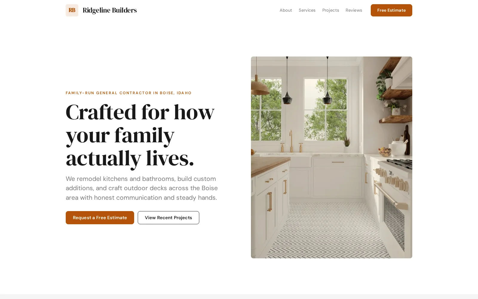 The Ridgeline Builders example site: the headline “Crafted for how your family actually lives.” beside a photo of a bright remodelled kitchen